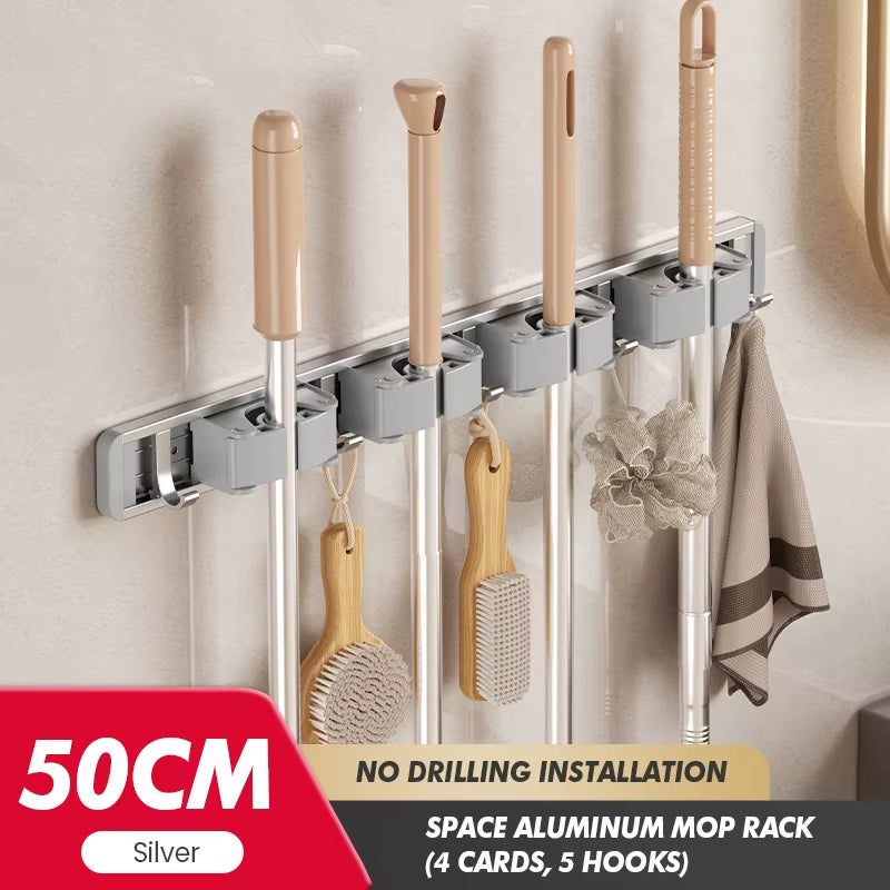 Non Perforated Mop Rack Iron Wall Mounted Mop Broom Storage Rack Home Storage and Storage Shelf Multi Scenario Use