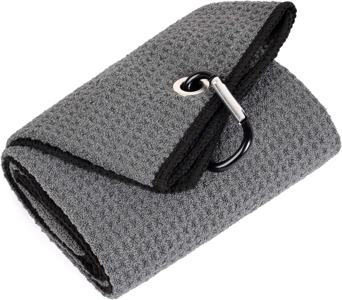 Tri-Fold Golf Towel | 16" X 24" | Premium Microfiber Fabric | Waffle Pattern | with Heavy Duty Carabiner Clip | for Men and Women (Dark Gray)