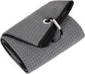 Tri-Fold Golf Towel | 16" X 24" | Premium Microfiber Fabric | Waffle Pattern | with Heavy Duty Carabiner Clip | for Men and Women (Dark Gray)